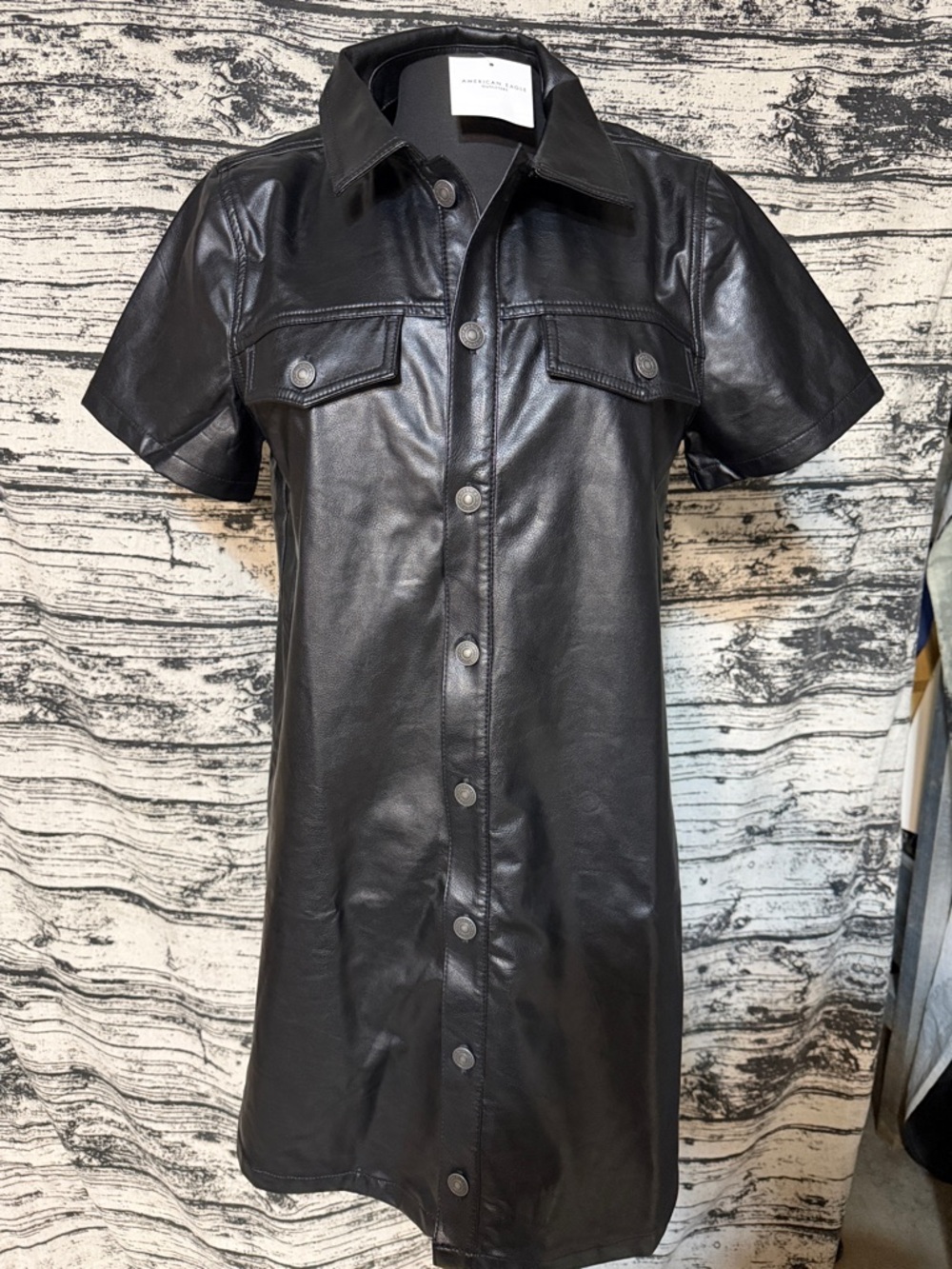American Eagle Outfitters Black Faux Leather Short-Sleeve Button Mini Dress